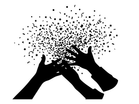 Silhouettes of hands throwing confetti with shapes and ribbons