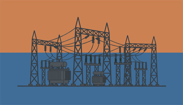 Electrical substation structure featuring high voltage transformers and power lines drawn in a minimalist flat style with a split color background.