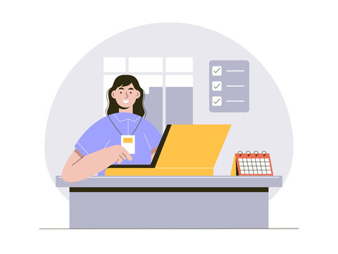 Female employee working at an office desk with a laptop, a task checklist, and a calendar. Internship illustrations. Flat vector concepts.
