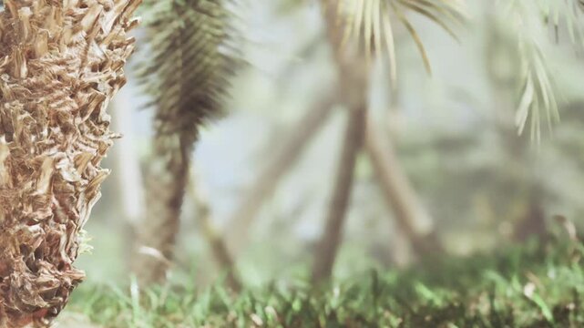 Palm trees with green grass under bright daylight. The setting appears lush and natural, creating a simple outdoor environment.