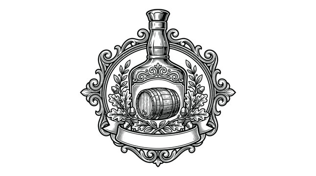 Ornate distillery bottle and barrel crest illustration.