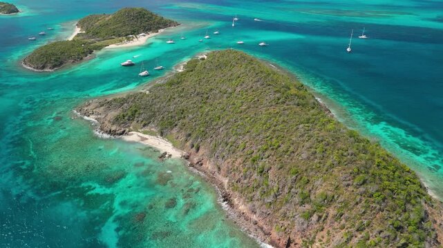 Aerial flyover tilts up from Petit Rameau's rocky headland to reveal Baradal and the anchored yachts scattered across Tobago Cays' turquoise waters