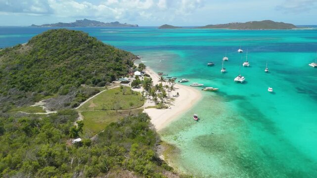 Aerial descent sweeps over Petit Rameau's palm-lined beach where speedboats and dinghies line the shore beside a rustic beach bar in Tobago Cays