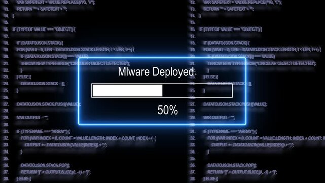 Cybersecurity threat simulation featuring a malicious malware deployment progress bar overlaying complex source code background, for digital hacking, network breach, and, information technology