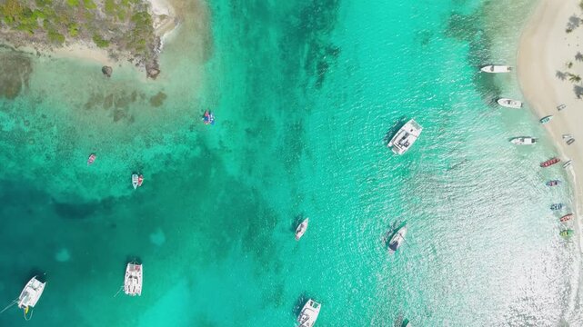 Overhead flyover captures moored catamarans and sailboats scattered across a shallow coral reef beside Petit Rameau's white sand beach in Tobago Cays