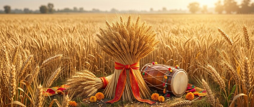 A golden wheat field at sunset featuring a tied sheaf of wheat stalks decorated with a red ribbon, accompanied by a traditional indian dhol drum and scattered marigold flowers