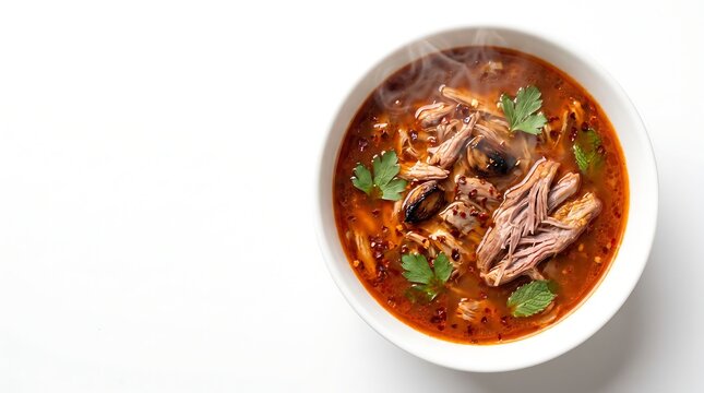 A bowl of spicy shredded beef birria soup with cilantro on a white background.