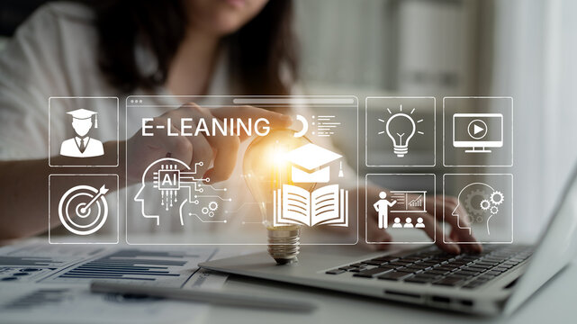 Modern E-Learning Concept with Digital Icons and Light Bulb Symbolizing Innovation and Knowledge Sharing in Online Education Environment. Bitwise.