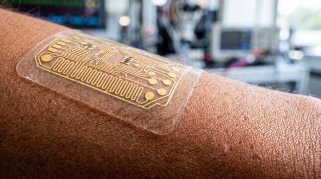 Close up of a flexible gold electronic smart patch attached to human skin in a laboratory, advanced biometric sensor, wearable medical technology and digital healthcare concept