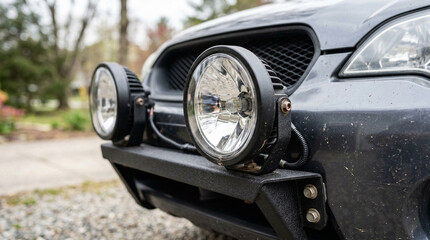 Close-up of off-road driving lights on vehicle bumper © inje