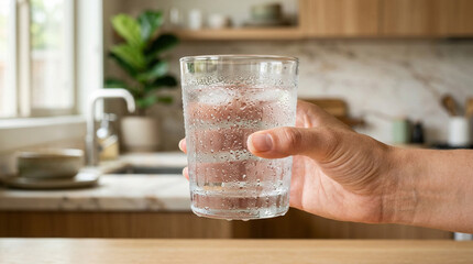 Fototapeta premium Hand holding cold glass of water with ice in kitchen