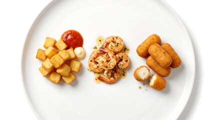 Fototapeta premium Assorted Spanish tapas including fried potatoes, garlic shrimp, and crispy croquettes on a white plate.