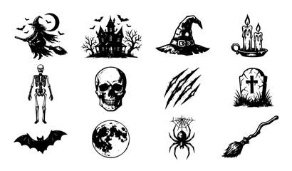 Fototapeta premium Crescent Moon Bat Spider Crow Eye and Ghost Halloween Vector Icon Collection