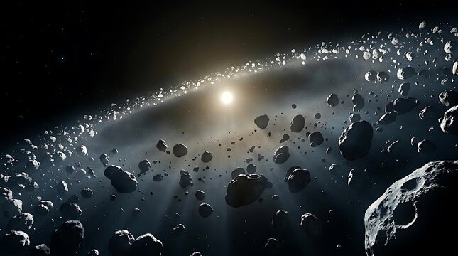 A vast asteroid belt orbiting a bright distant star in the deep darkness of outer space with numerous rocky celestial objects floating in the universe