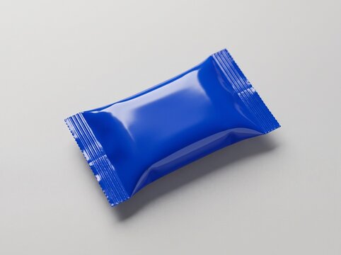Blue sachet mockup on grey background, blank plastic packaging bag for candy or snack food mockup