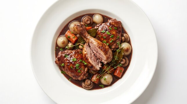 Coq au vin chicken stew served in a white bowl.