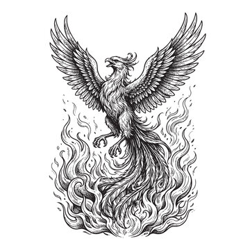 phoenix firebird rising out of fiery flames wings spread vintage engraving illustration vector black and white white background isolated design