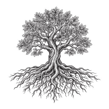 ancient oak tree of life with deep roots system vintage engraving illustration vector black and white white background isolated design