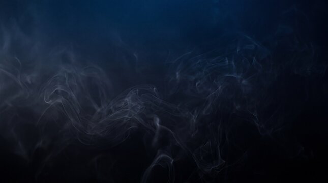Atmospheric white smoke swirls on dark blue background. Wispy fog texture. Cinematic vapor clouds for overlays and creative design projects