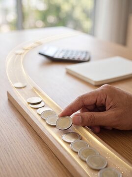 Hand placing coins into wooden tray with calculator with calculator notebook table closeup hand investment counting planning currency finance economy savings budget with wealth