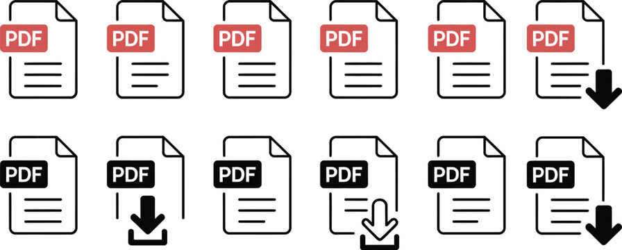 PDF document file icons, digital paper symbols for web applications, mobile interfaces, document management, file sharing, downloads and user interface design vector.