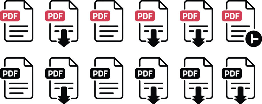 PDF document file icons, digital paper symbols for web applications, mobile interfaces, document management, file sharing, downloads and user interface design vector.