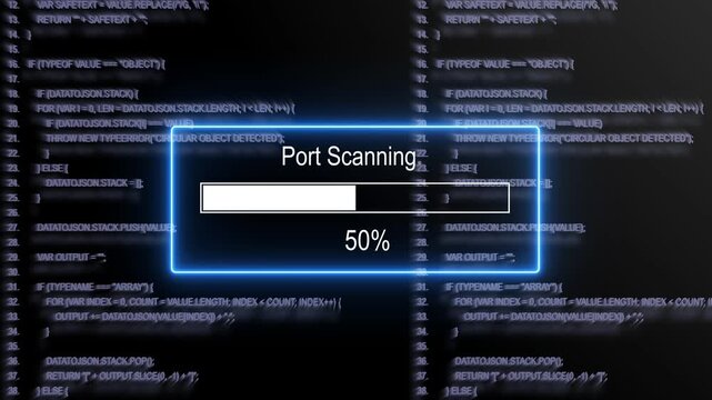 Advanced cyber security port scanning progress bar animation overlaying complex software source code background, for network vulnerability, assessment and digital, information technology