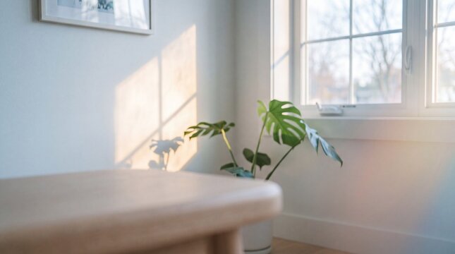 Monstera houseplant in sunny living room. Warm golden hour sunlight through window. Minimalist interior with wooden table and white walls
