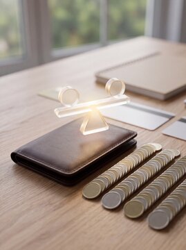 Glowing balance scale icon floats above brown leather wallet near stacks of coins on wooden desk with illuminated scale symbol wallet beside stacked symbol hovers over abstraction