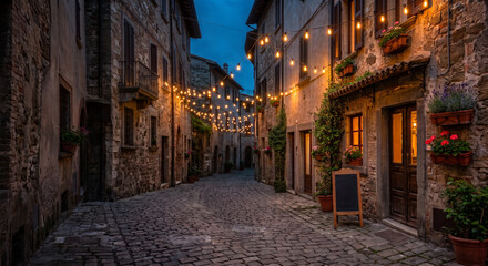 Fototapeta premium Narrow European alleyway with cafe entrance at dusk