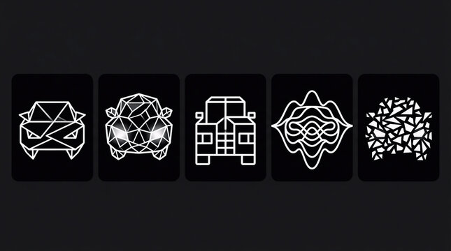 Collection of five front-view car vector logos rendered in low-poly, geometric line art, minimal blocks, and wave lines on dark rectangular cards.