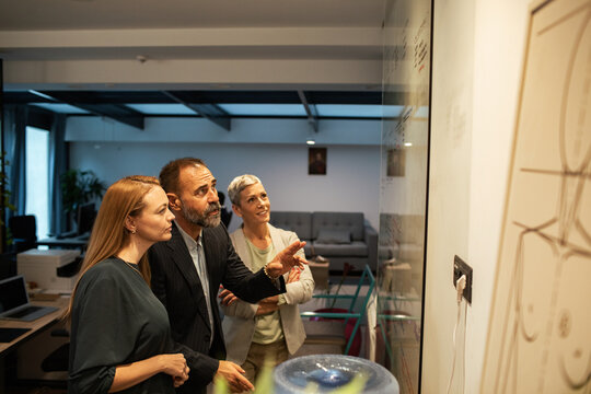 Business team brainstorming strategy at office whiteboard