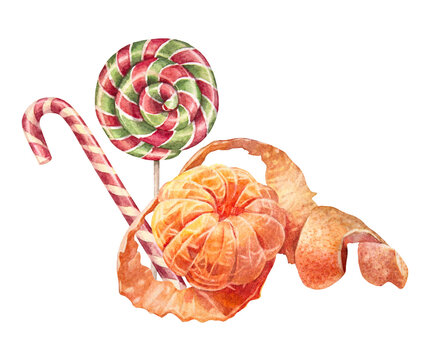Watercolor Christmas red candy cane and fruit tangerine isolated on white background. Sweet lollipop for New Year gift. Children dessert for celebration. Hand-drawn clipart for card or wallpaper