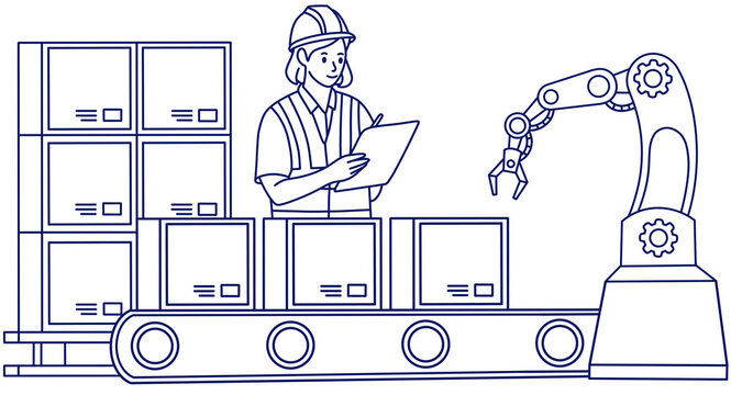 A line sketch illustration of a female worker recording data and performing quality control checks on products using an industrial robotic arm on an automated conveyor belt