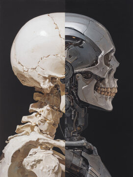 Detailed oil painting depicting hybrid skull and robot with mechanical parts and human bone structure in side profile view