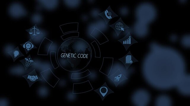 Advanced genetic code digital interface featuring global data network connectivity and futuristic biotechnology hud for scientific research, medical innovation, and genomic sequencing analysis