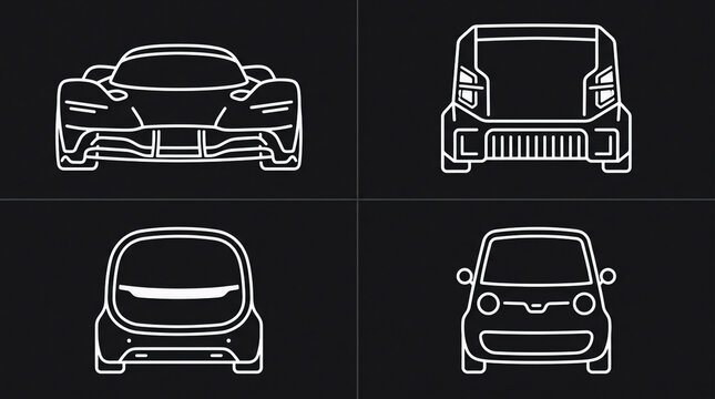 A 2x2 grid featuring minimal white line art vectors of different modern car types including supercar, electric truck, compact car, and EV hatchback on a black background.