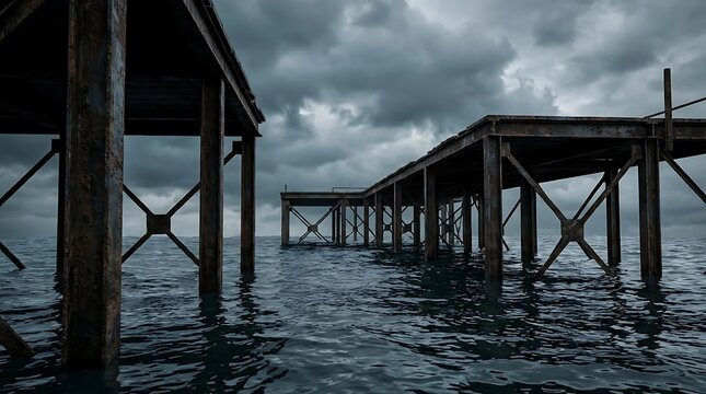 Rusty dock platforms extending into the dark ocean under a dramatic cloudy sky in a melancholic seascape composition representing solitude and decay