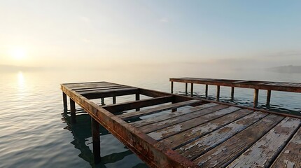 Obraz premium A pair of old rusty dock platforms extending into the calm water of a lake at sunrise with misty horizon and weathered wooden planks in the morning light
