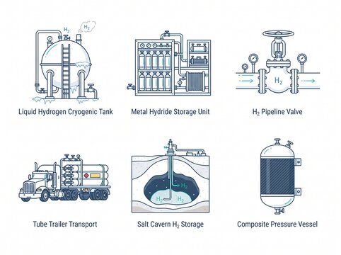 Hydrogen Technologies Icons, Clean Energy Storage Vector Set. Six Modern Illustrations of Cryogenic Tank, Metal Hydride Unit, Pipeline Valve. Salt Cavern Distribution and Transport