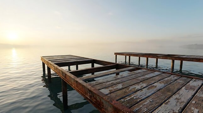 A pair of old rusty dock platforms extending into the calm water of a lake at sunrise with misty horizon and weathered wooden planks in the morning light