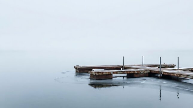 A serene winter landscape showing rusty dock platforms surrounded by thin ice on a calm, foggy lake surface during a cold and misty morning atmosphere