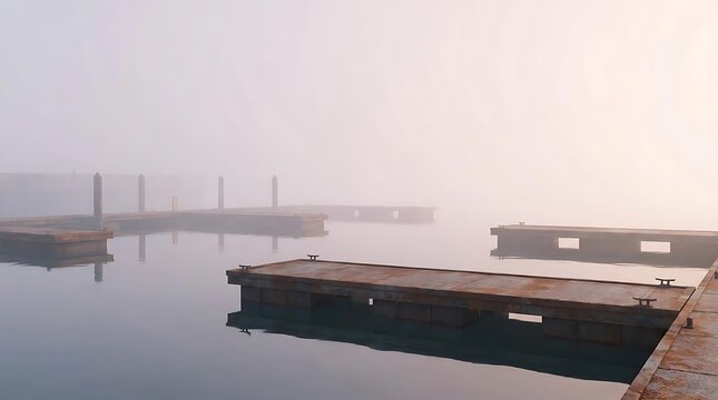 A serene morning view featuring several old rusty dock platforms floating on calm still water surrounded by thick heavy fog in a quiet harbor marina