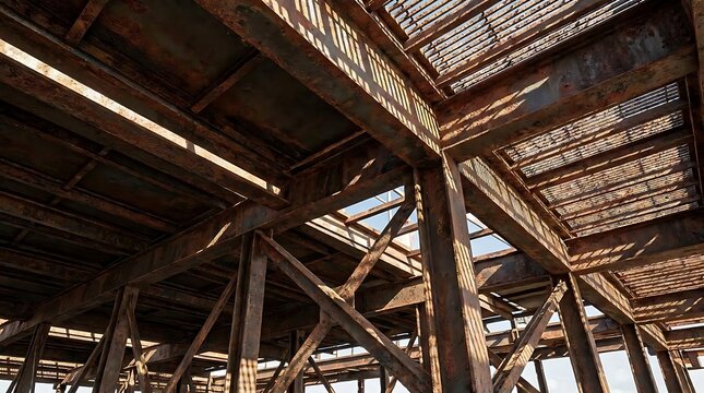 Close-up perspective of aged rusty dock platforms with weathered metal beams and deteriorating construction framework under bright afternoon sunlight