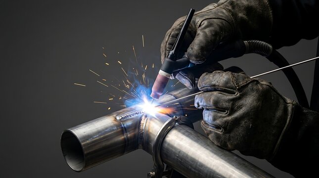 Skilled metal worker performing precise TIG welding on stainless steel pipes with bright sparks