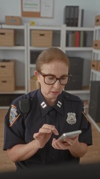 Woman police officer holding and tapping smartphone with furrowed brow while reading messages in an office building; duty concern.