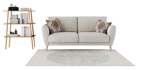Isolated PNG Neutral Scandinavian Front View Living Room Furniture Layout with Cream Sofa, Wooden Bookshelf, Area Rug and Decor Objects, Natural Shadows © Tuyet