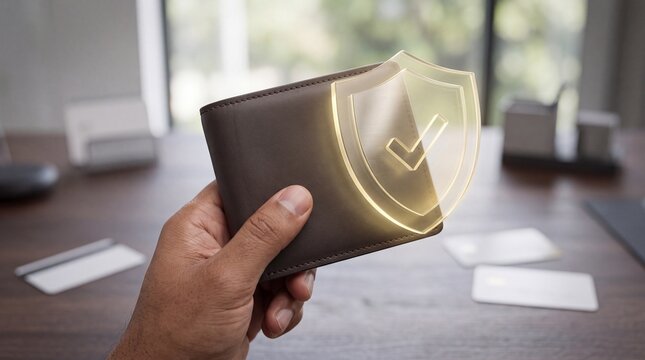 Hand holding brown wallet with glowing golden shield icon and checkmark symbol over blurred office desk background with transaction protection technology security business
