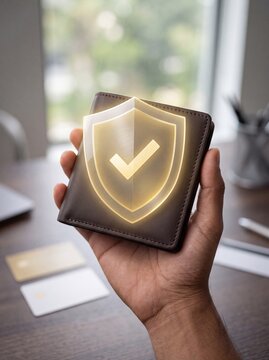 Hand holding brown leather wallet with glowing golden shield icon indicating financial security and data protection on wooden office desk surface with representing secure financial