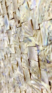 Vertical. Shiny nacre pieces from abalone shells in abstract pattern, closeup